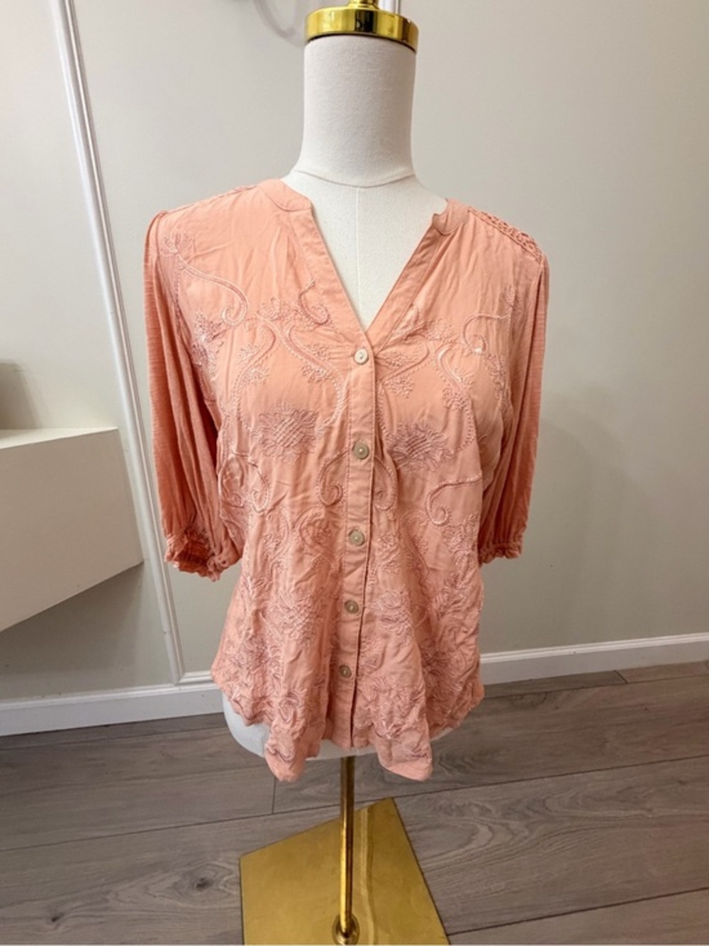 Democracy Peach Embroidered Button-Front Top